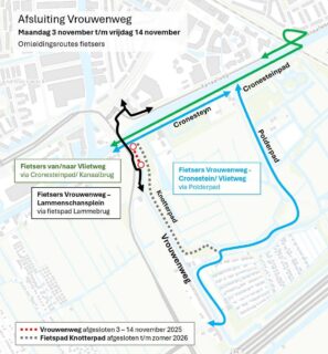 LET OP FIETSERS: Opnieuw afsluitingen, dit keer van het fietspad, rond Cronesteyn ivm de werkzaamheden daar. @sleutelstad heeft een heel fijn lijstje van de provincie gepubliceerd, dat je ook hieronder vindt.
Het gaat om de volgende afsluitingen en situaties:
1) Maandag 3 tot en met vrijdag 14 november is de Vrouwenweg afgesloten.
2) Maandag 17 tot en met donderdag 27 november is de fietstunnel Lammenschans fietstunnel afgesloten. De alternatieve route gaat via de nieuwe fietsoversteek Lammenschansweg.
3) Donderdag 27 november 20.00 uur tot en maandag maandag 1 december 06.00 uur zijn de N206 Europaweg en het Lammenschansplein afgesloten.
4) Vanaf maandag 1 december worden de tijdelijke weg en het fietspad Voorschoterweg over de tijdelijke fietsbrug Trekvliet in gebruik genomen. De directe fietsroute tussen de Lammebrug en de Lammenschansweg is niet direct beschikbaar, omdat de Sterrenschanstunnel eerst nog moet worden gesloopt. Daar kan pas mee begonnen worden als de tijdelijke weg in gebruik is.
#polderparkcronesteyn #omrijden #fietspad #letop